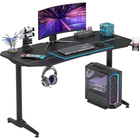 JoliJour Bureau Ergonomic Pour Gaming PC 180x60cm, LED Gamer Bureau avec Porte Gobelet et