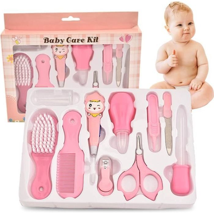 Kit de Soins pour Bébé 10pcs, Trousse de Soin Bébé, Bébé Naissance Set--Lime à Ongles/Cuillère à Oreille(Rose)
