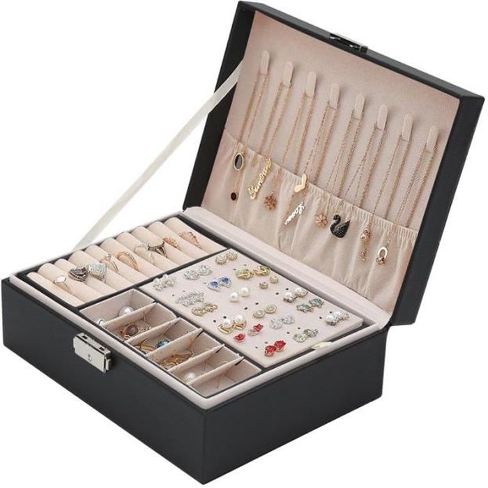 Einfeben Boîte à bijoux, coffret à bijoux, verrouillable, 2 niveaux, avec miroir, pour bagues, boucles d'oreilles