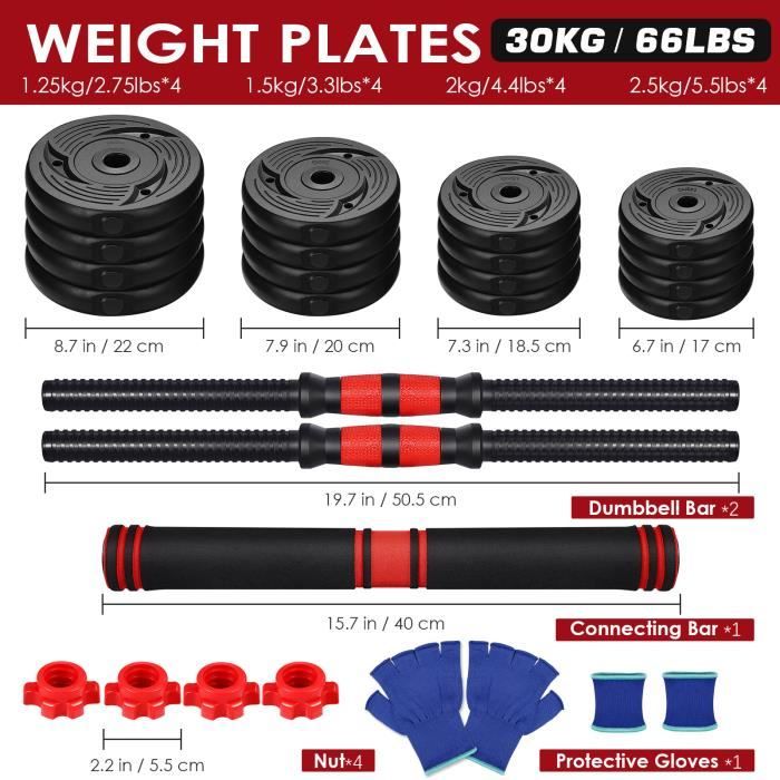 2-en-1 ensemble 30 kg d'haltères réglables pour le corps de construction perd