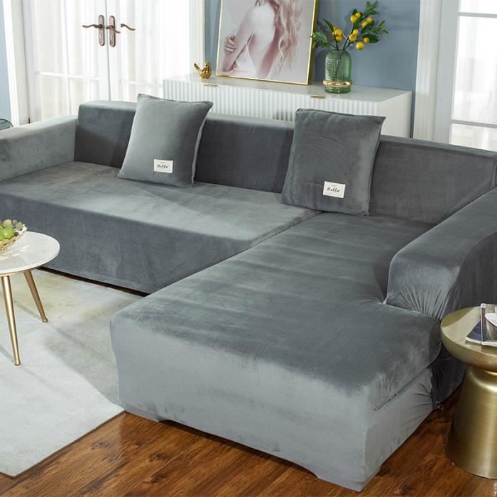 Housse de canapé en forme de L en peluche épaisse de couleur unie, sac universel simple tout-en-un élastique antidérapant - gris