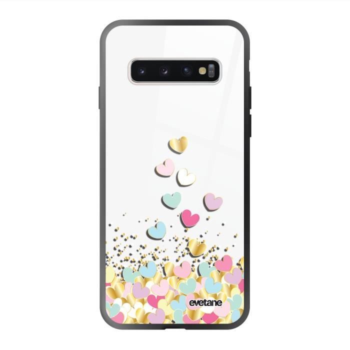 Coque en verre trempé Samsung Galaxy S10 noir C?urs Pastels Ecriture Tendance et Design Evetane