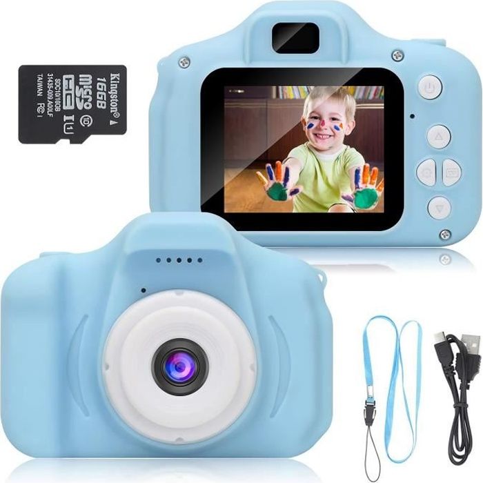 Appareil Photo pour Enfant, avec Carte TF 16 Go, Ecran à 2,0 Pouces HD, 8MP/1080P, Coque en Silicone Résistant aux Chocs, Bleu