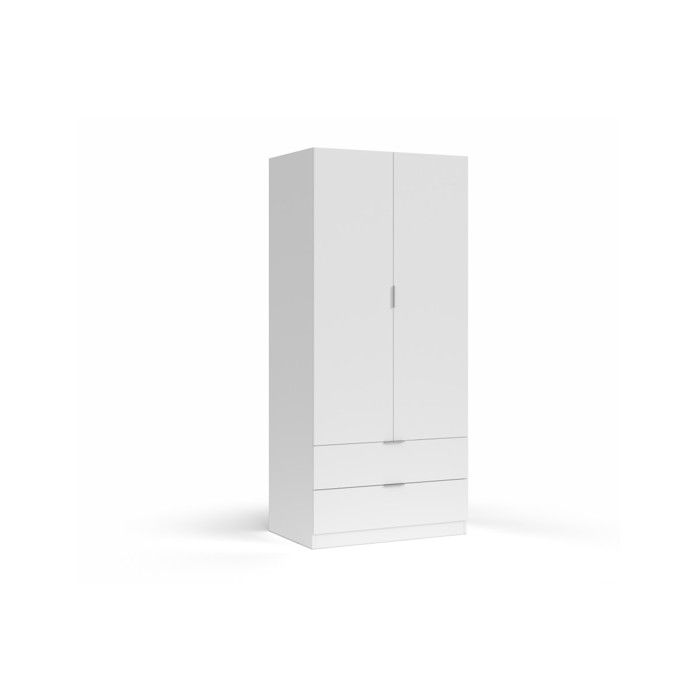 Loungitude Armoire penderie 2 Portes + 2 Tiroirs L81 x H180 cm, Blanc, L81,2 P52cm