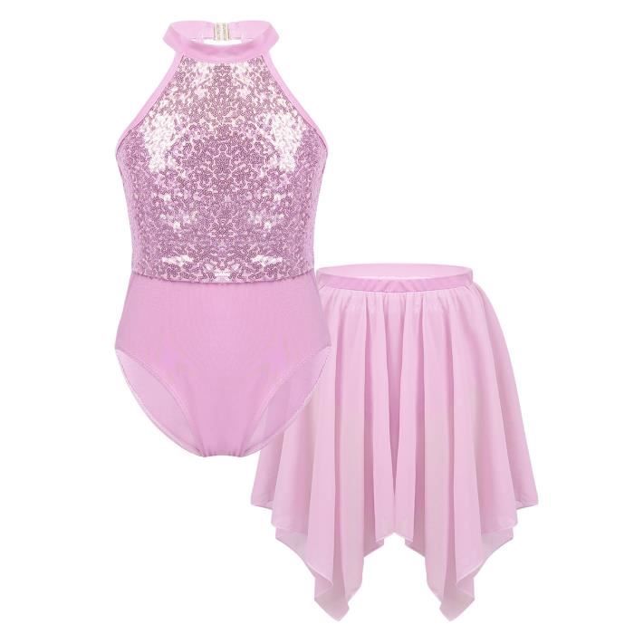 Enfant Fille Robe Danse Latine Paillette Justaucorps Gymnastique Jupe Mousseline Tutu Ballet 6-14 Ans Rose