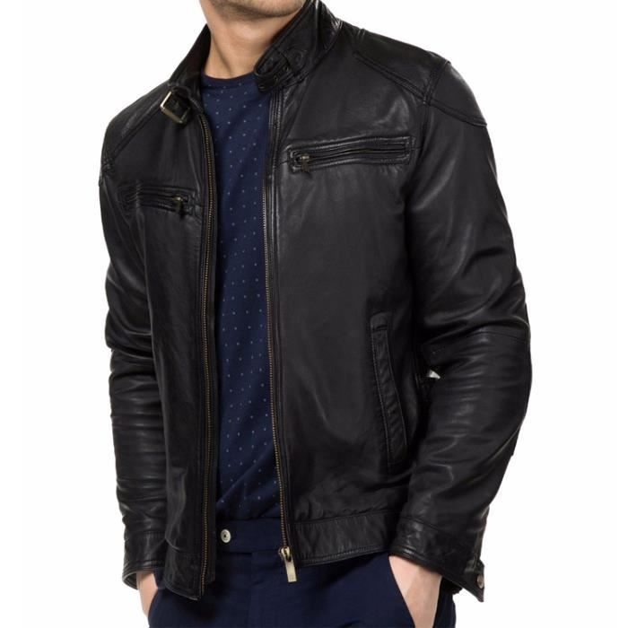 Veste Veste De Moto En Cuir Noir Pour Homme