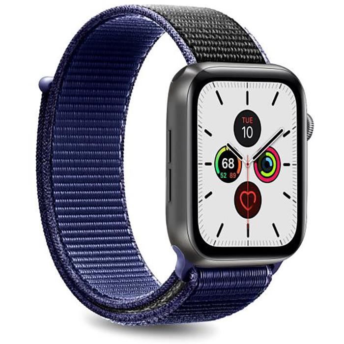 Bracelet Nylon Sport pour Apple Watch 42-44 mm taille ajustable Bleu Foncé et noir Puro
