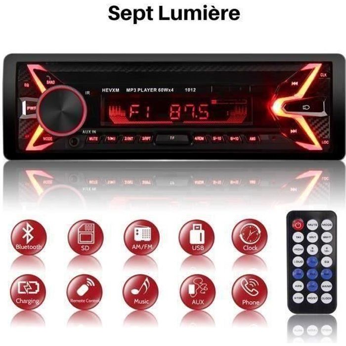 CW23560-Autoradio Bluetooth 1 Din Poste Radio Voiture 7 Couleurs d'éclairage FM-AM-MP3-SD-USB Multimédia Bluetooth Player + Téléco