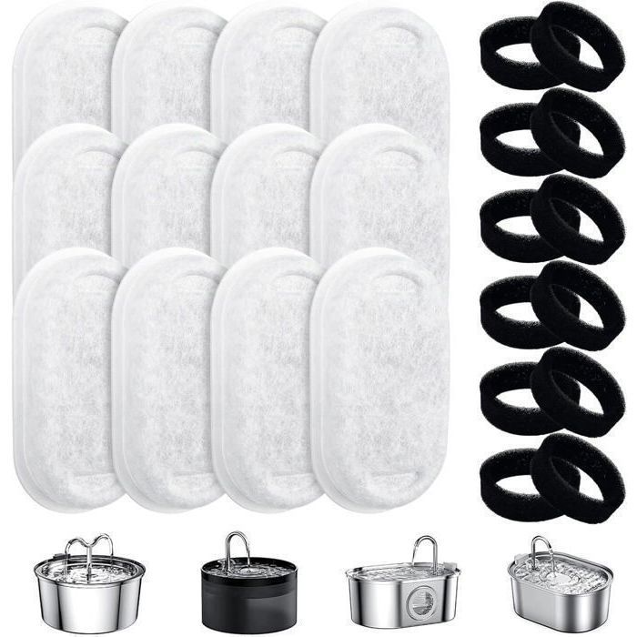 Comparer les prix de 24 Packs Filtre Fontaine Eau Chat, Filtre à Charbon 12 PCS Et Une éponge en Mousse 12 PCS Filtre en Mousse De Remplacement Filtre