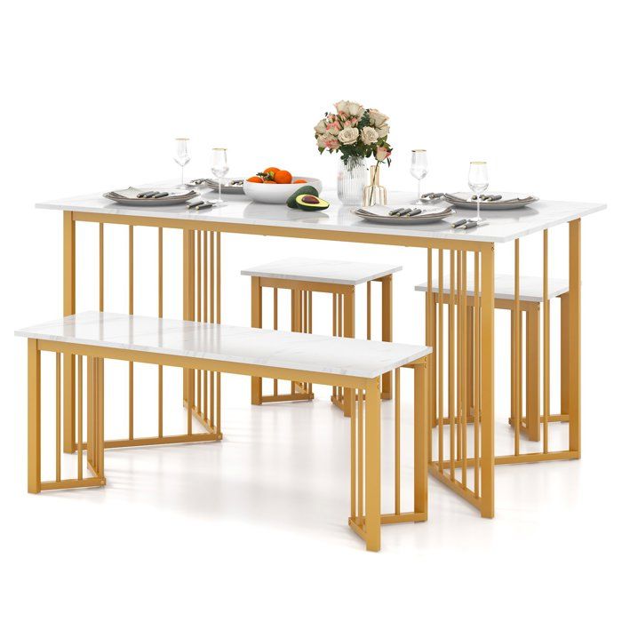 COSTWAY Ensemble Table à Manger 4 Pièces avec Banc et 2 Tabourets Moderne avec Pieds en Métal pour Appartement Salle à Manger