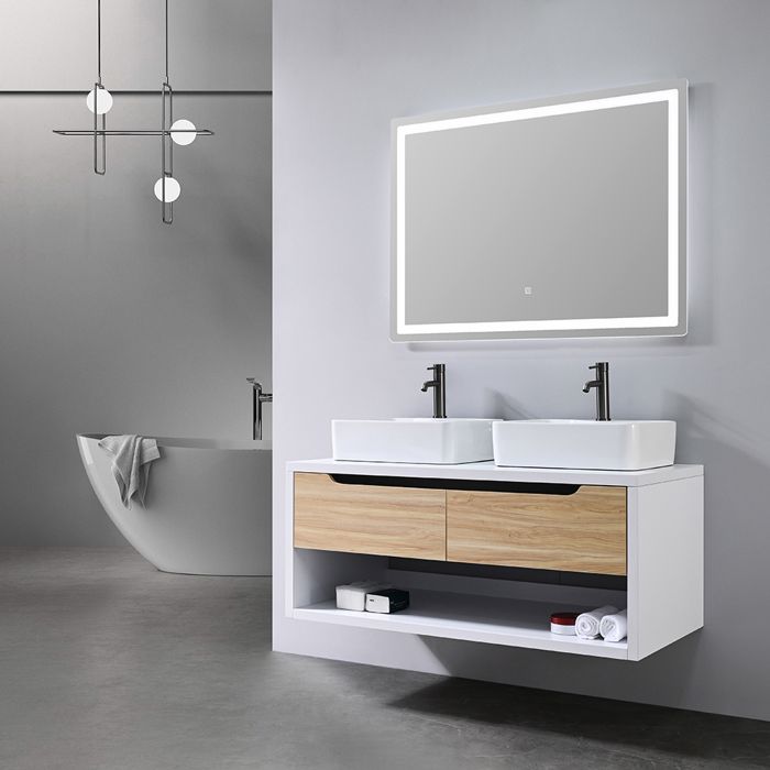 Meuble de salle de bain double vasque 120cm bois et blanc avec miroir LED LB-8153-120 LuxuryBain-