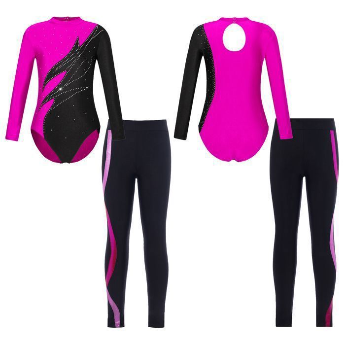 Ensemble Gymnastique Fille 3 Pièces - Justaucorps Manches Longues + Legging + Chouchou - Tailles 5-14 Ans