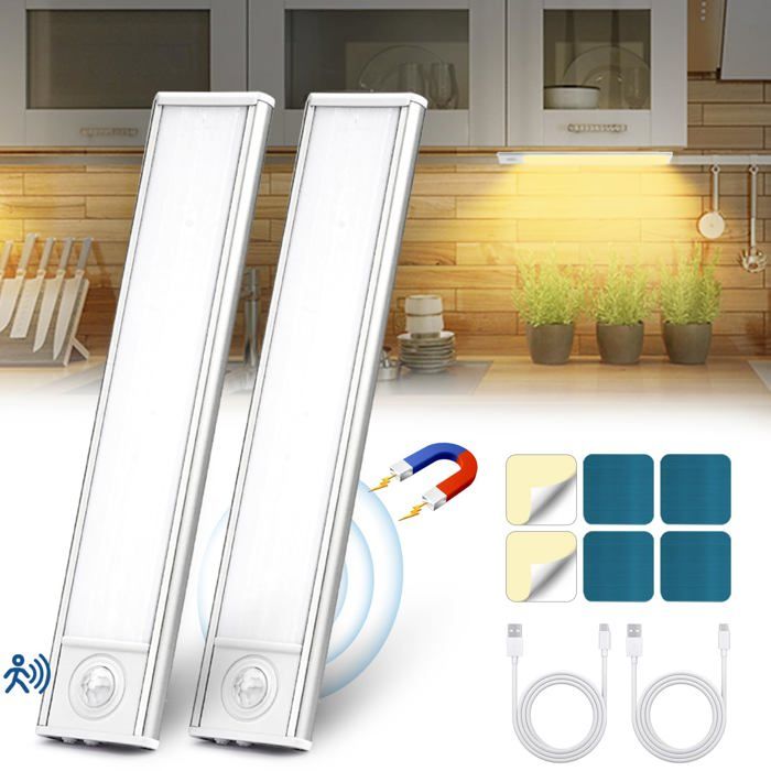 Led Cuisine Sans Fil USB Rechargeable Lampe de Placard 6000K Led Cuisine Sous Meuble Magnétique Dimmable à Détecteur(2 Pack)