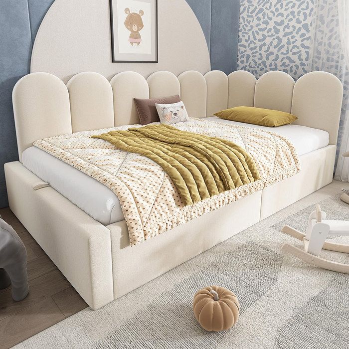 Lit enfant lit coffre rembourré 90x190 cm canapé-lit hydraulique avec sommier à lattes métalliques velours beige