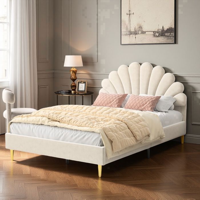 Lit 140x200 cm - Tête de lit fleur - Velours beige - Sommier à lattes - Design contemporain