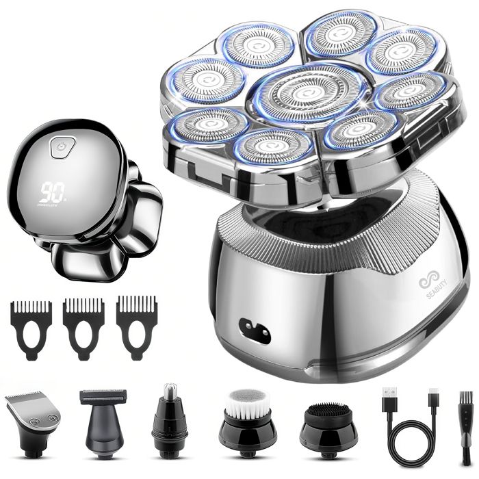 SEABUTY Rasoir Électrique Hommes 6 en 1 - 9D Flexible Rasoir Tete Chauve Homme Étanche IPX6 - Sec Et Humide Portable avec Écran