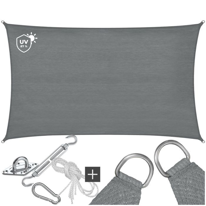 Voile dombrage - TECTAKE - Protection solaire SUNNY extérieur en HDPE indéchirable avec protection UV imperméable 5x7m - Gris