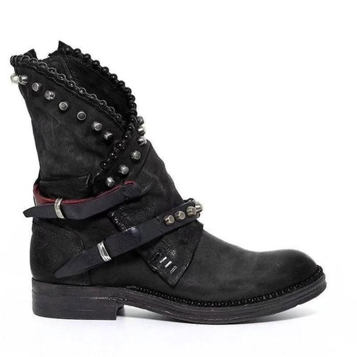 Bottes Femme Rock en Cuir à Studs et Zip-Bottines Punk à Talon Bas