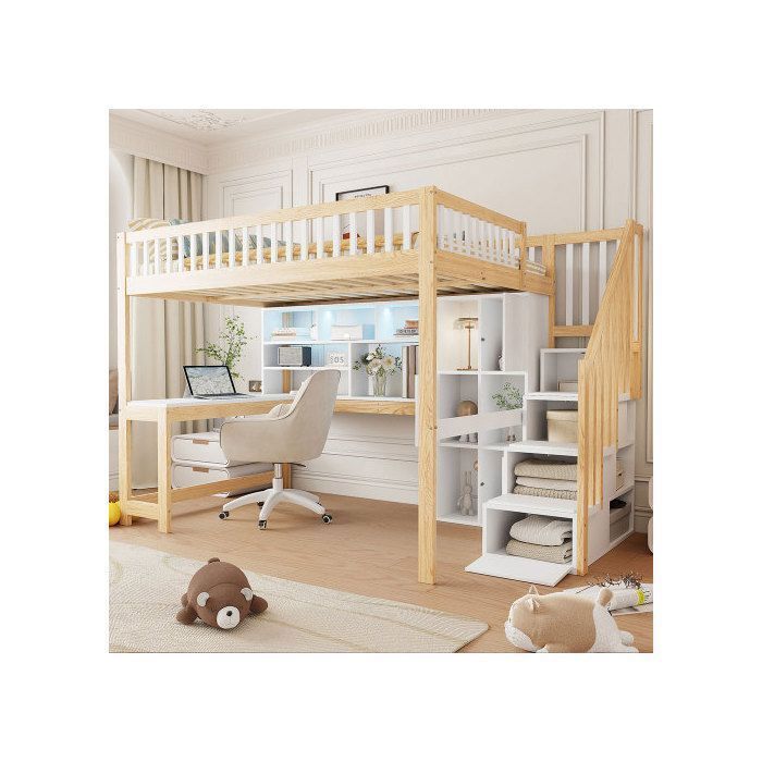 lit mezzanine 140x200 structure bois massif lit mezzanine avec escalier LED multicolore bureau intégré rangements intégrés