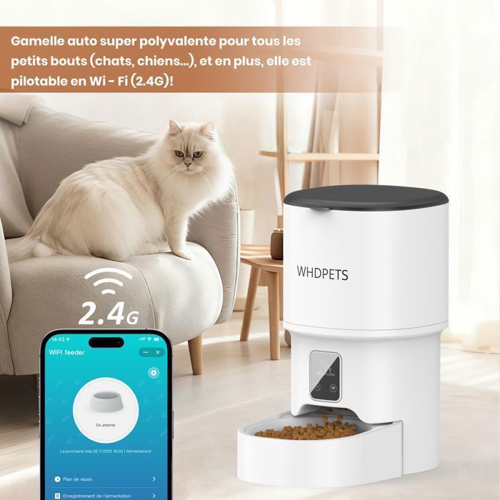 ®WHD©Distributeur de Croquettes Automatique 4L Contrôle par APP WiFi Programmation 10 Repas par JourPour Chats/Chiens/animaux