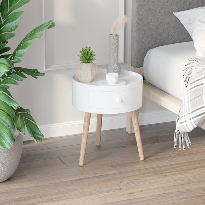 Chevet table de nuit ronde design scandinave tiroir bicolore pieds effilés inclinés bois massif chêne clair blanc