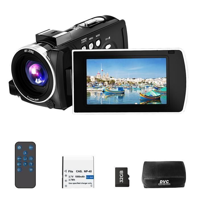 Caméscope 4K Caméra Vidéo 64MP Caméra Vlog 3 écran rotatif 270° Zoom 18X avec carte TF 32 Go