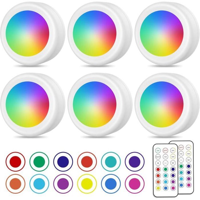 Spot LED Sans Fil Couleurs Télécommande Éclairage Batterie Armoire Cuisine Veilleuse Réglable Lot de 6