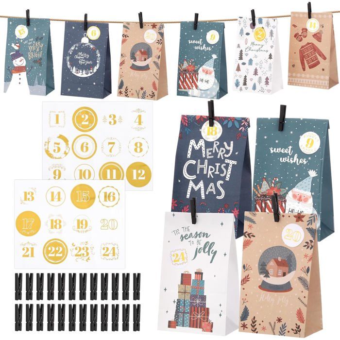 AMARI ® Calendrier De LAvent à Remplir Pastell Green - 24 Sacs En P Avec Des Agrafes En Bois A Realiser A Noel Sacs Amz B0cgf