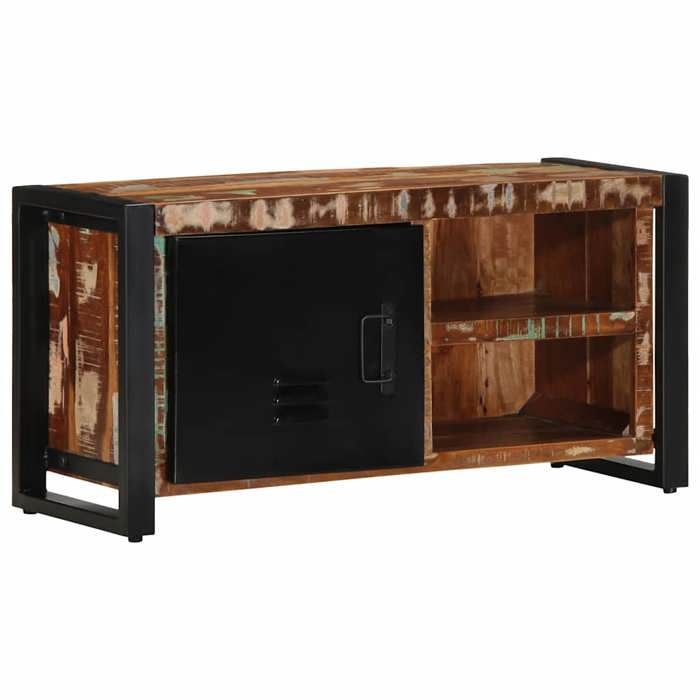 Meuble TV en bois de récupération - vidaXL - 80x30x40 cm - Noir et marron - Bois de récupération massif - Fer - 1 porte