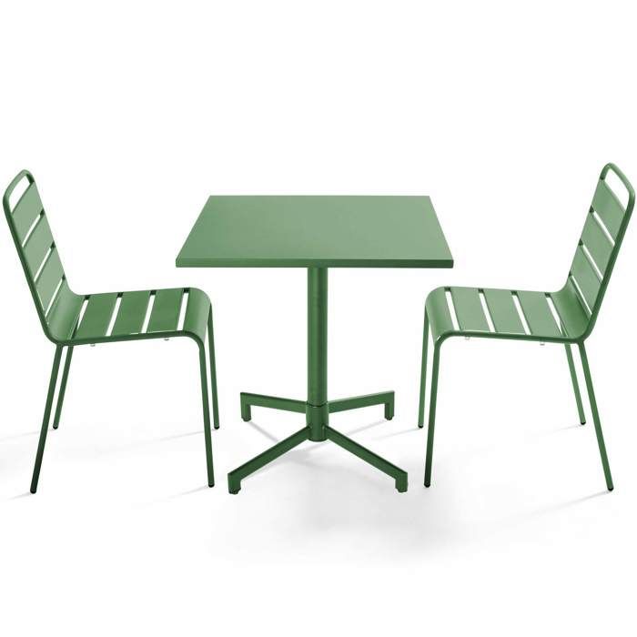 Ensemble table 70 cm et 2 chaises de jardin en métal Vert cactus Palavas Oviala