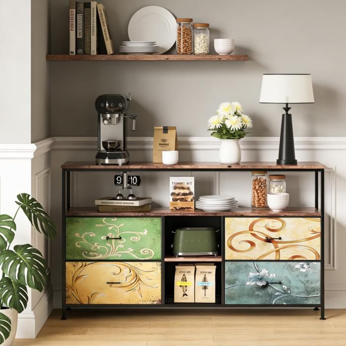 Commode de Chambrea avec 4 Tiroirs et éclairage LEDPieds de table réglables Meuble de Rangement avec étagères Ouvertes Coloré