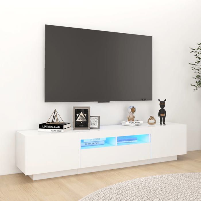 SALE 2026 Armoire TV moderne Blanc - Meuble TV avec lumières LED Blanc 180x35x40cm PRO482566016