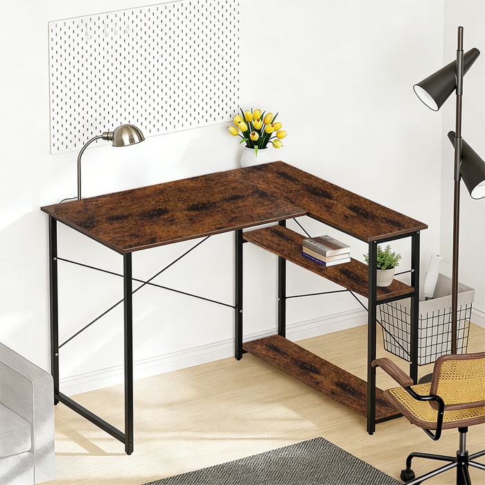 SUPFINE Bureau Gaming dangle Réversible 100x70 cm Petit Table Forme L Bureau Etagères Rangements Table de Complement Marron
