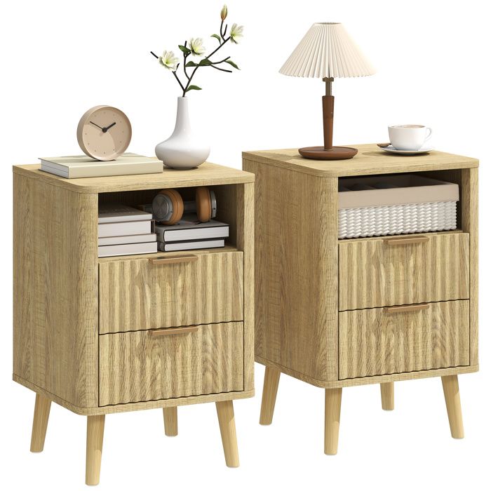 Lot de 2 tables de chevet - HOMCOM - 2 tiroirs et compartiment ouvert coins arrondis - pieds en bois et MDF - 40x40x61cm - chêne