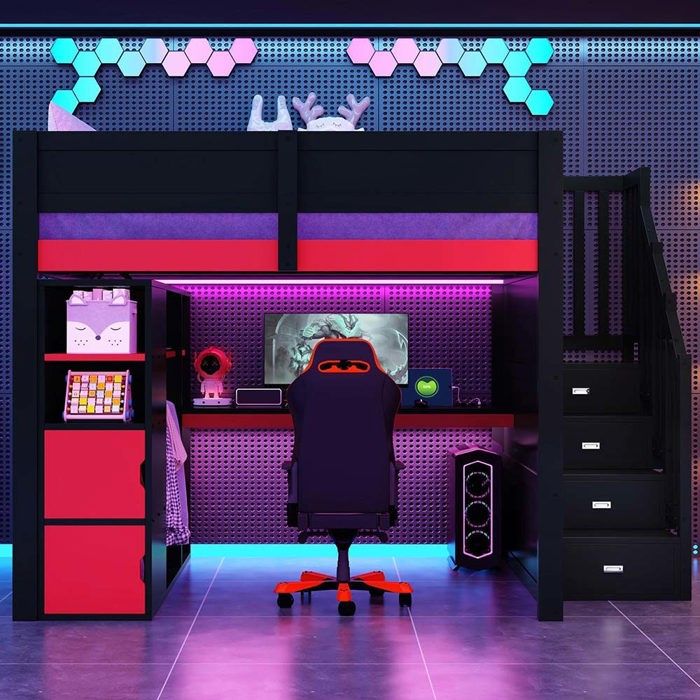 Lit mezzanine - 140 x 200 cm - Avec bureau et rangement - LED intégrée & port USB - Escalier rangement