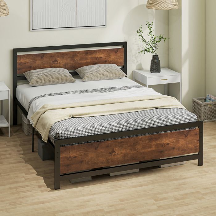 Lit complet - AKOZON - Lit industriel 167x208 cm - Sommier inclus - Tête et pied inclus - Acier noir & bois foncé