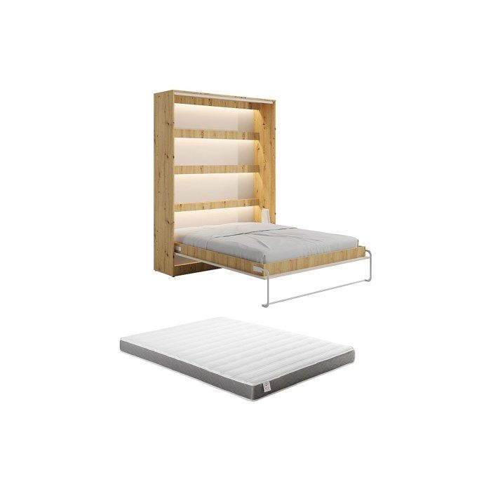 Lit escamotable 160 x 200 cm - Ouverture verticale manuelle - Beige et naturel + Matelas - RAPILI Lit escamotable 160 x 200 cm - Ouverture verticale manuelle - Beige et naturel + Matelas - RAPILI