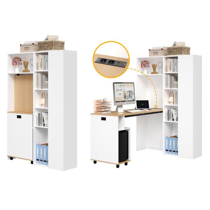 Bureau Informatique Pliable avec Bibliothèque 8 Compartiments et Étagère Réglable Table dOrdinateur 139 cm pour Chambre Blanc