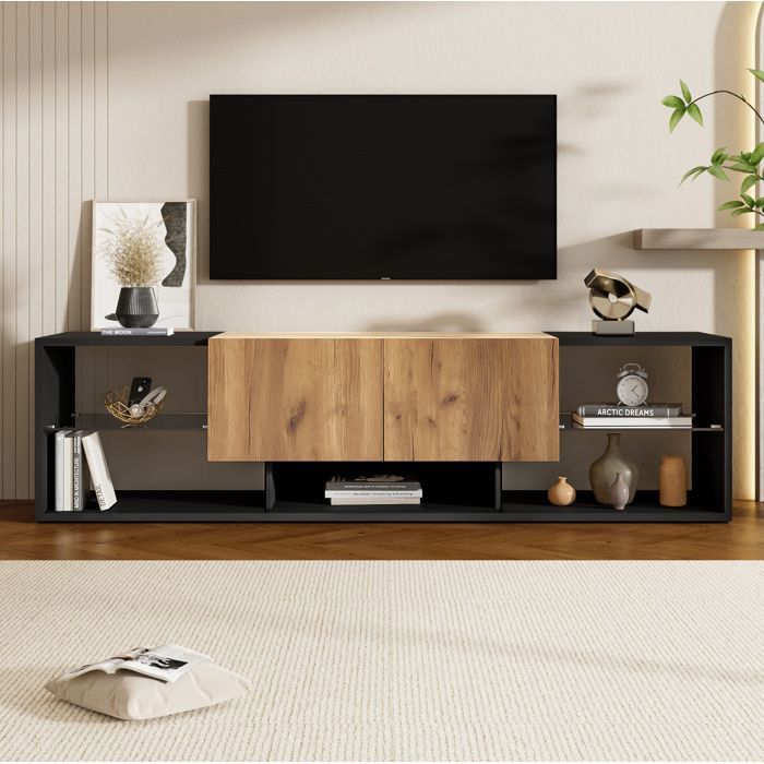 Meuble TV moderne avec LED étagère en verre et 2 tiroirs noir et effet bois