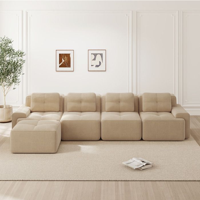 Canapé modulable 4 places beige assise profonde 74 cm sans montage en velours côtelé
