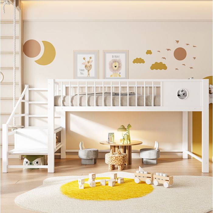 Lit mezzanine 90 x 200 cm bas enfant en métal blanc avec échelle de rangement