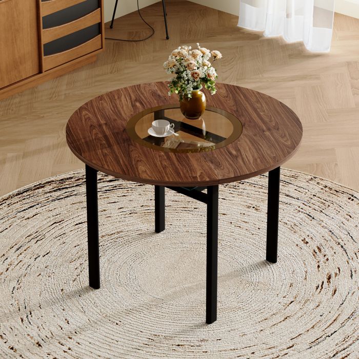 Table à manger ronde 100 cm MDF avec étagère en verre structure en métal plateau en MDF pour 2–4 personnes Marron Noir