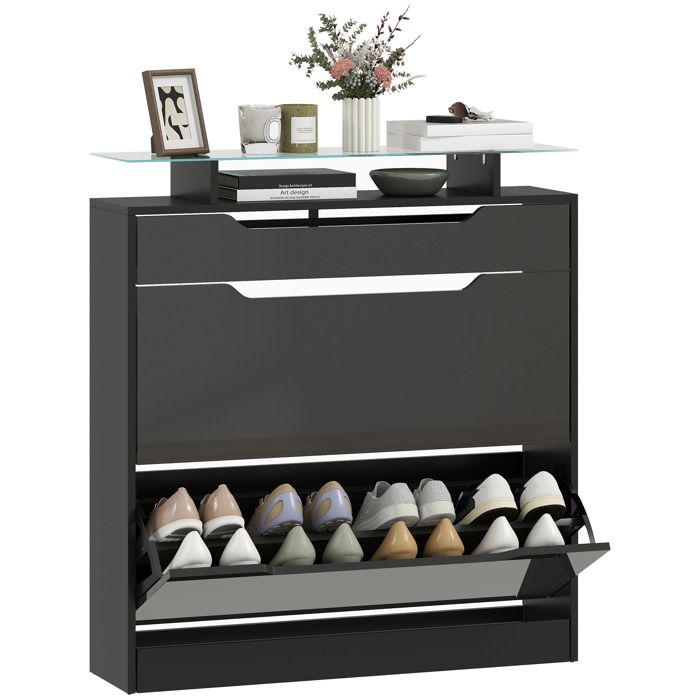 Armoire à chaussures - HOMCOM - 2 tiroirs rabattables 1 tiroir coulissant 1 comptoir - mdf - 89x23x96cm - noir Armoire à chaussures - HOMCOM - 2 tiroirs rabattables 1 tiroir coulissant 1 comptoir - mdf - 89x23x96cm - noir