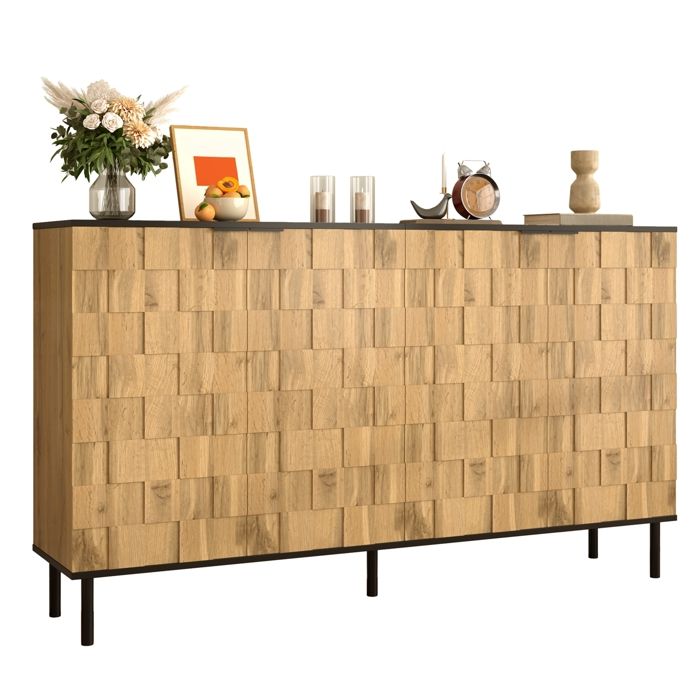Buffet en Mosaïque Meuble de Rangement avec 4 Portes Armoire de Rangement Aspect Bois Pieds en Métal Buffet Salon 160x35x80.5cm