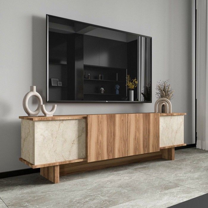 Meuble TV Clusone Dmora en bois noble effet marbre beige 180x33x50h cm Meuble TV Clusone Dmora en bois noble effet marbre beige 180x33x50h cm