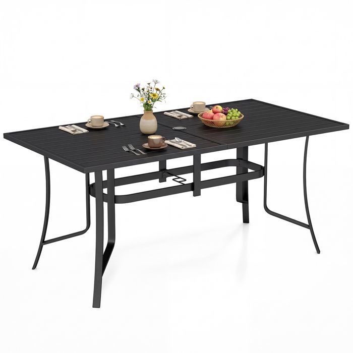 Table de Jardin Exterieur 6 Personnes COSTWAY Trou pour Parasol 4/5cm Plateau à Lattes Table Rectangulaire 160 x 84 x 73 cm Noir