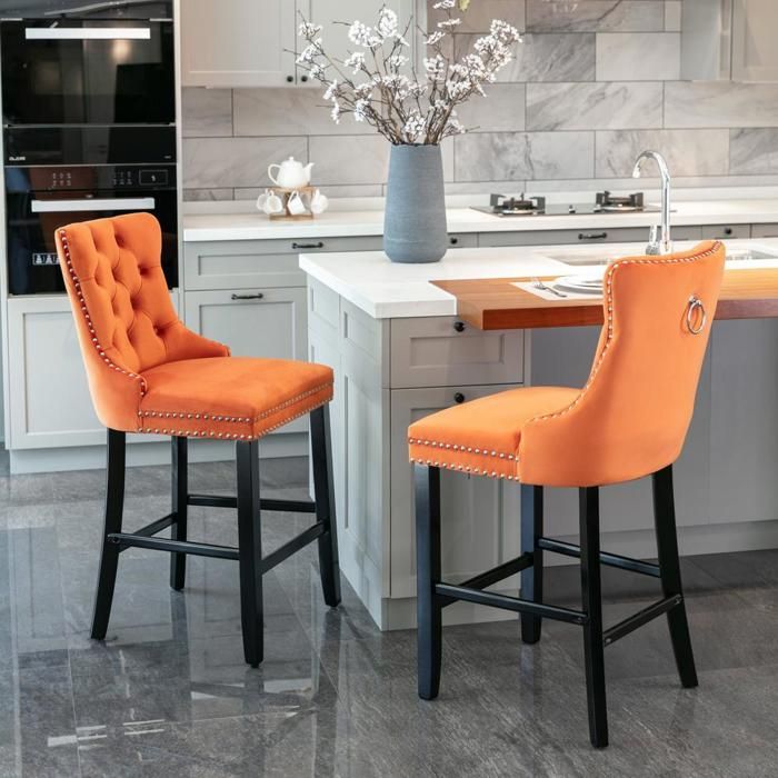 Tabourets de bar - KOMHTOM - 60x50x103cm - Velours - Dossier haut - Bois massif