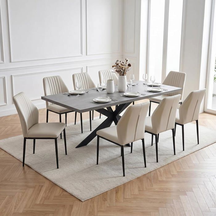 Lot de 8 Chaise de salle à manger Chaises Rembourrées en PU Pieds Réglables pour Cuisine Salon Salle à Manger Beige