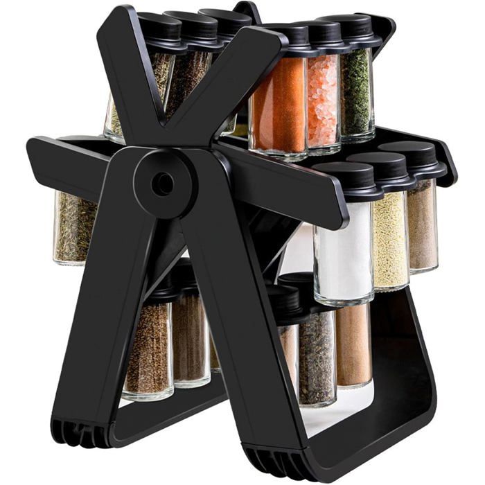 Étagère à épices pivotante noire – 18 pots inclus – support rotatif 360° pour comptoir réfrigérateur ou placard de cuisine