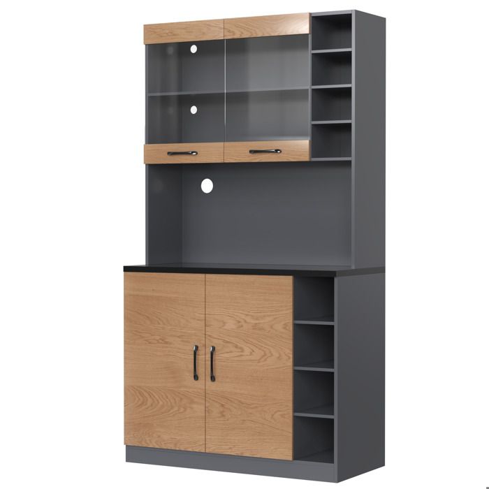 Buffet de cuisine LED - Armoire haute avec niche micro-ondes - 100 x 47 x 187 cm - Gris et naturel